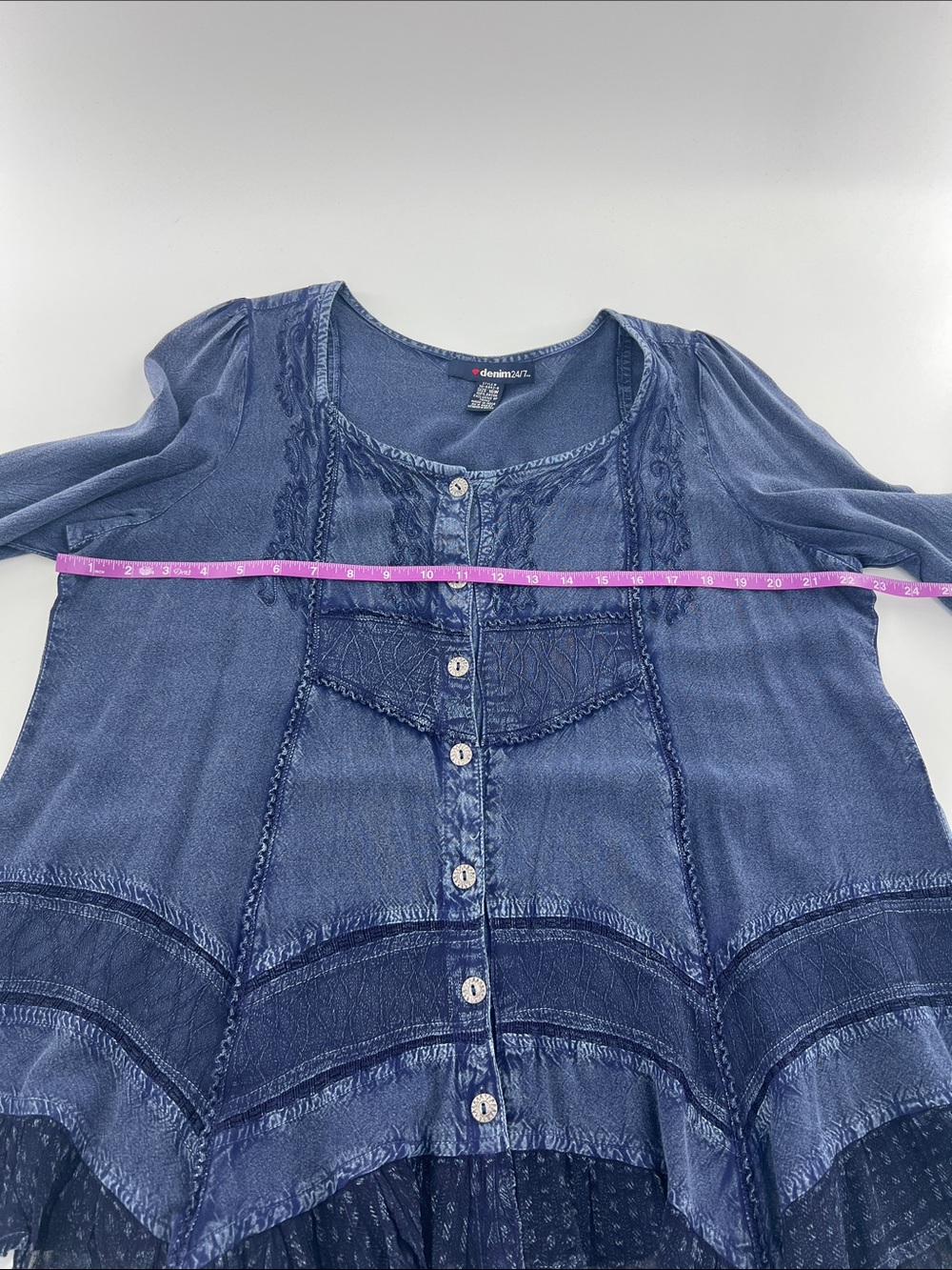 Denim 24/7 Indigo Blue Button-Front Lace-Trim Peasant Blouse boho - Picture 4 of 7
